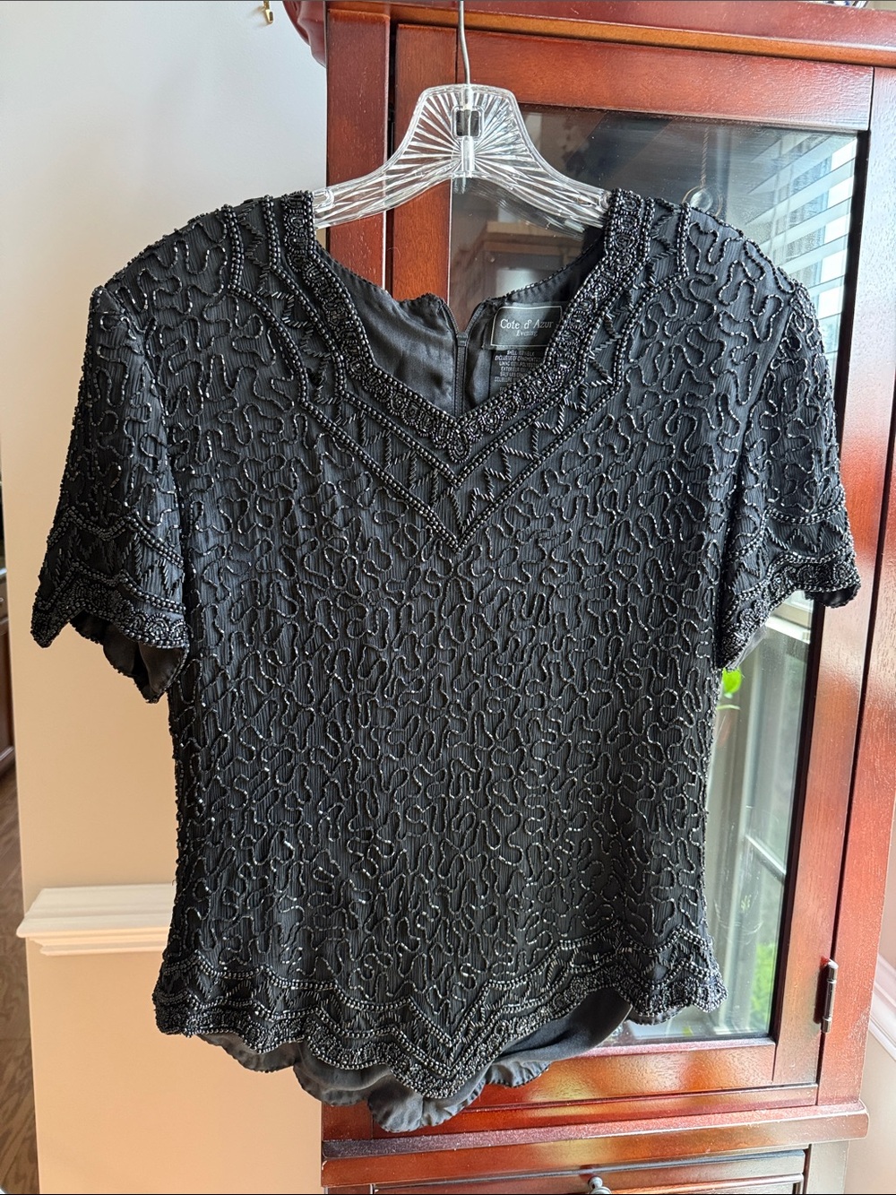 Beaded Black Short-Sleeve V-Neck Blouse